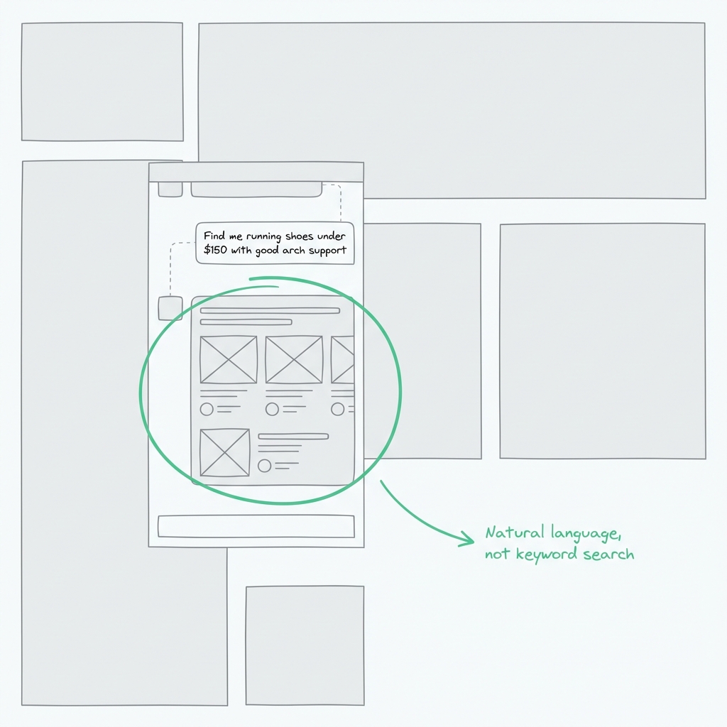 Wireframe of AI shopping chat interface showing natural language conversation about product recommendations