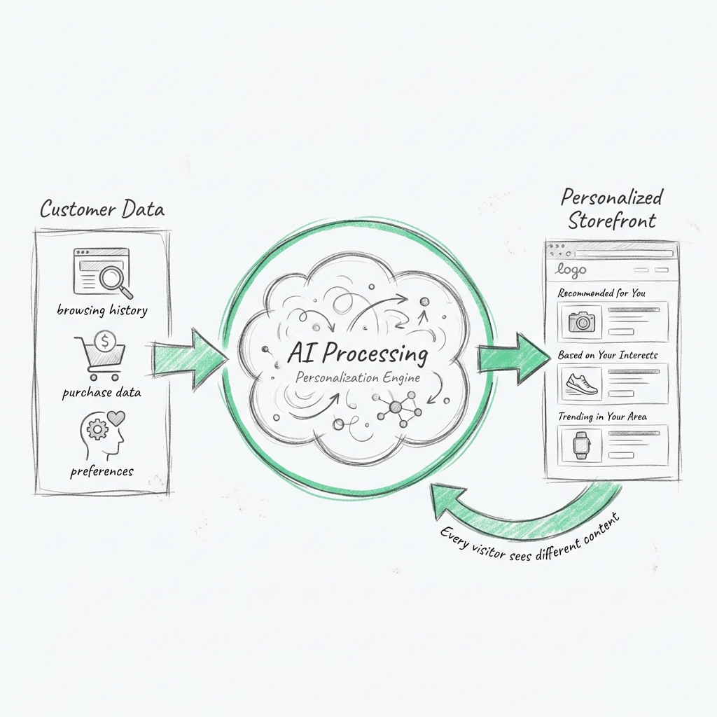 E-commerce personalization engine showing customer data input, AI processing, and personalized storefront output