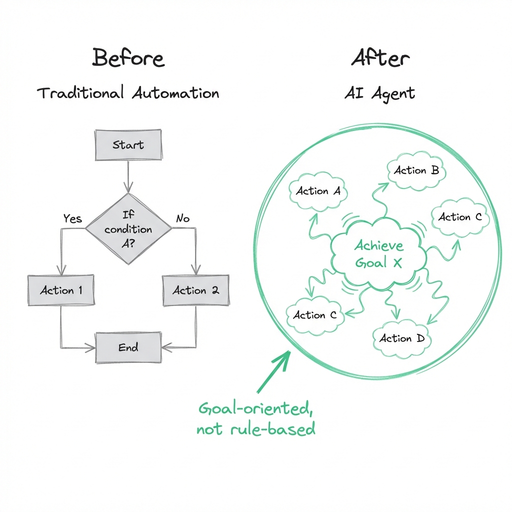 Side-by-side comparison of traditional rule-based automation flowchart versus AI agent goal-oriented approach with flexible reasoning