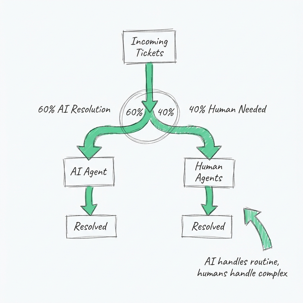 Customer support ticket flow splitting 60% to AI agent resolution and 40% to human agents