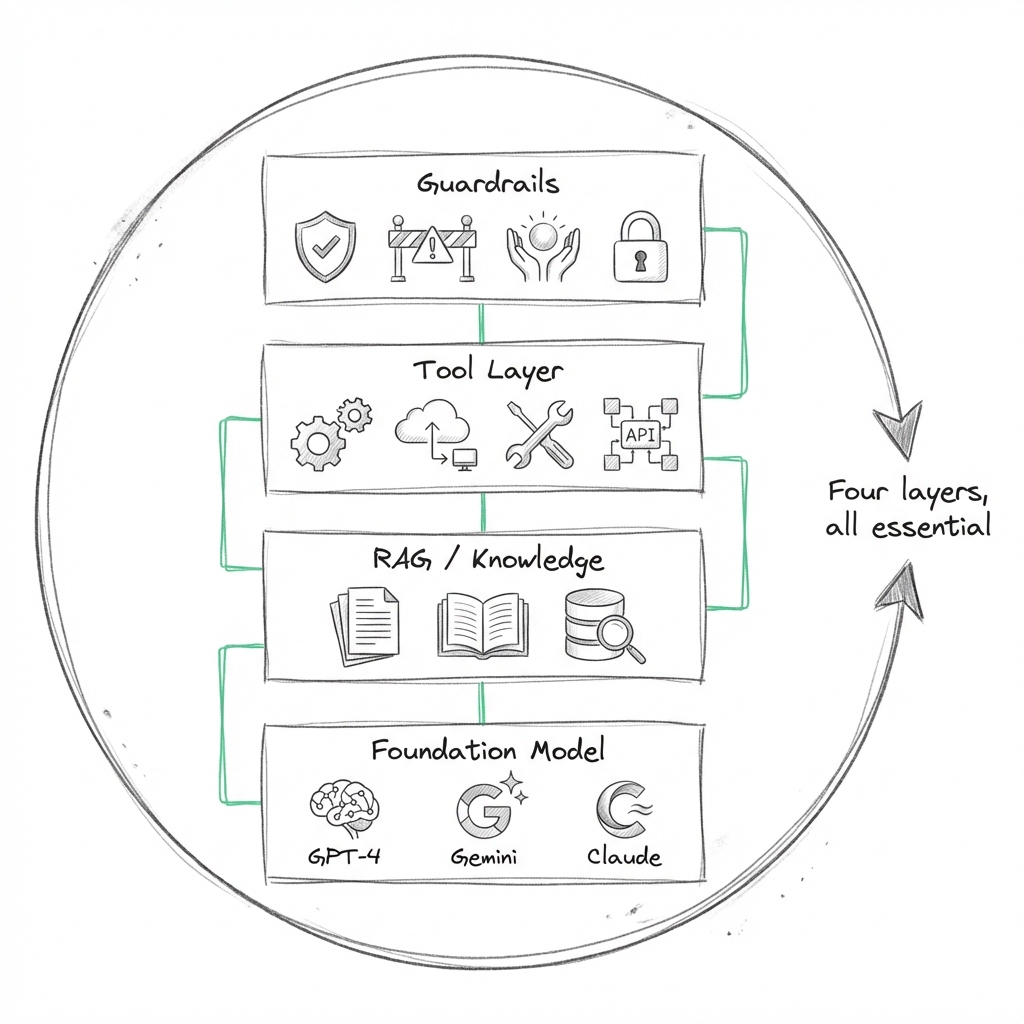 AI agent technology stack showing four layers: Foundation Model, RAG/Knowledge, Tool Layer, and Guardrails