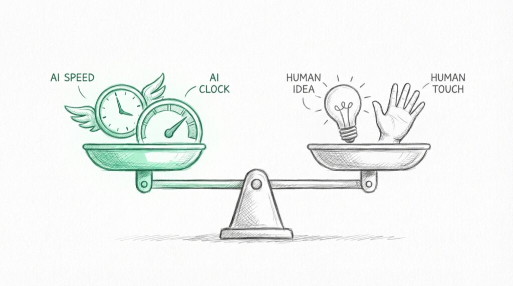 Balance scale showing AI capabilities versus human skills
