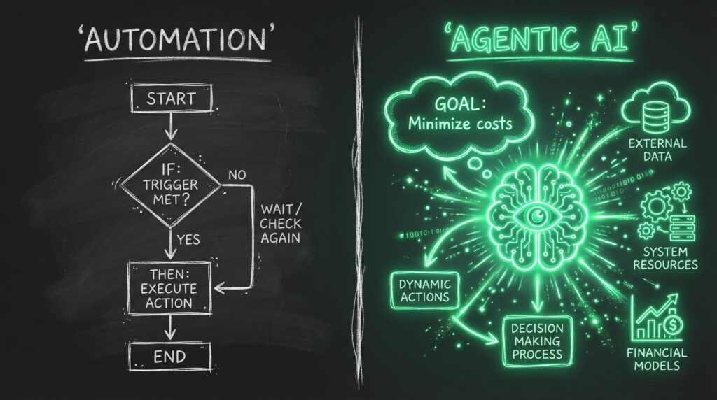 Comparison of rule-based automation versus goal-oriented agentic AI