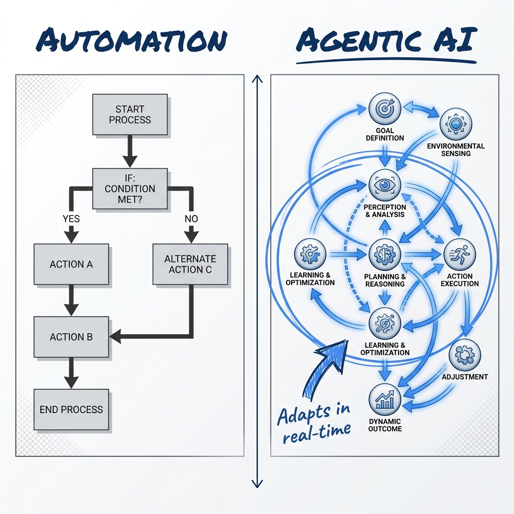 Automation follows linear flowchart while agentic AI uses adaptive network with feedback loops