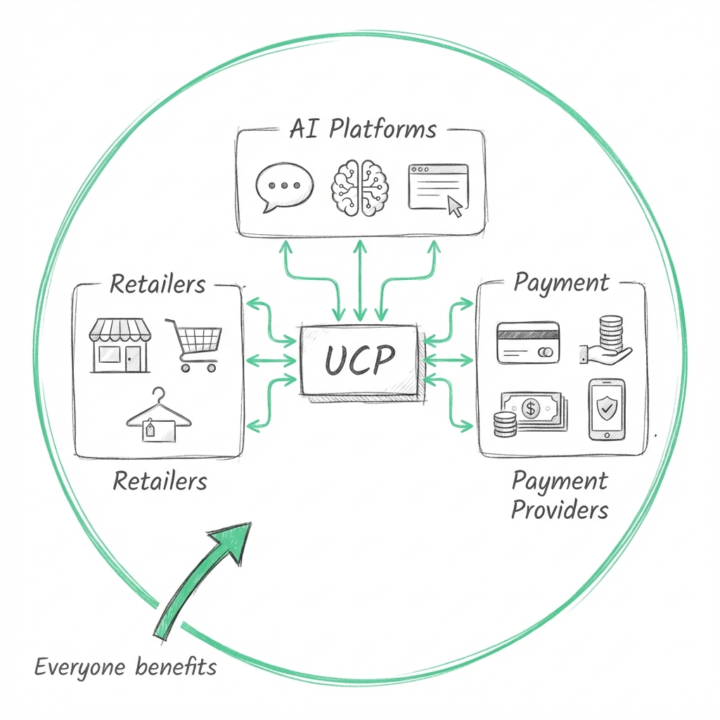 UCP ecosystem connecting retailers, AI platforms, and payment providers